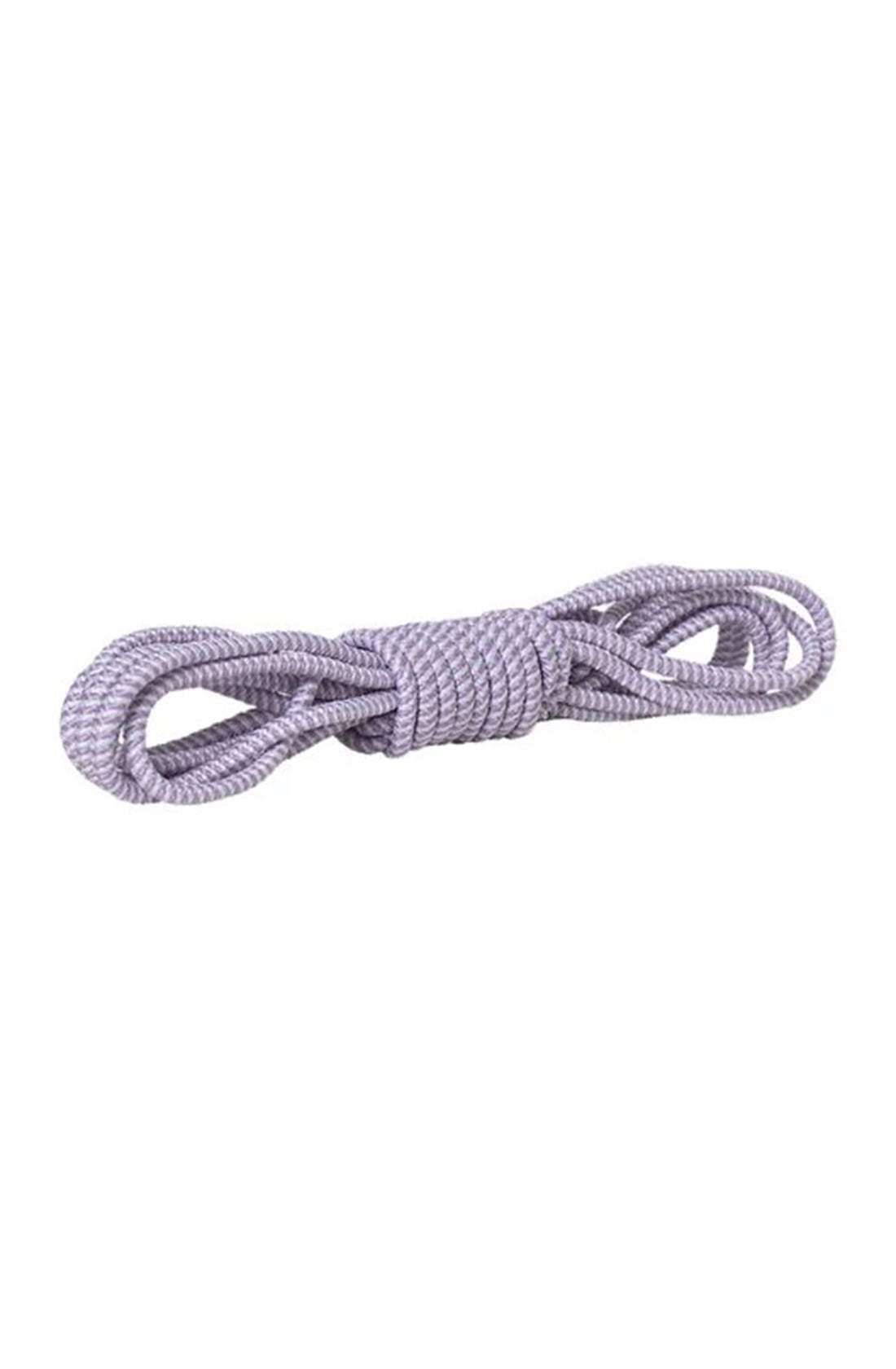 A neatly coiled length of lilac Skipping Elastic by FABELAB on a white background. Perfect for enhancing outdoor play, the elastic has a textured surface with the ends securely tucked in. Ideal for summer collection activities that boost motor development.