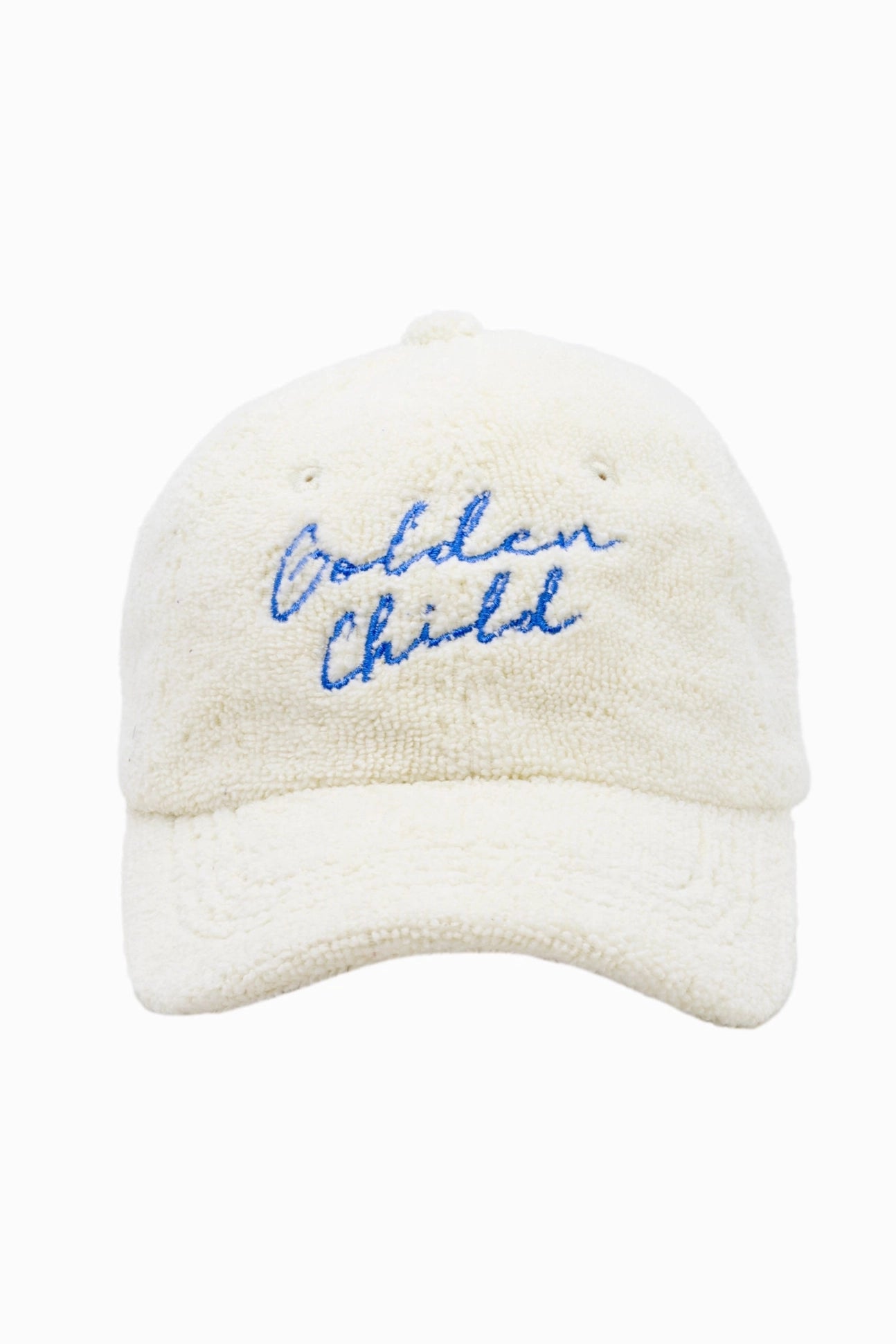 The Children's Terry Towelling Cap Chalk by GOLDEN CHILD is a stylish beige cap made from textured fabric. It features the "Golden Child" logo embroidered in blue on the front, along with a curved brim and visible stitching details, combining style and comfort for young trendsetters.