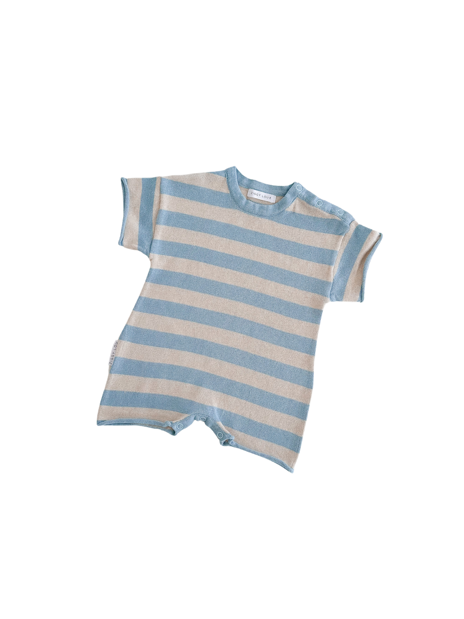 The Ziggy Lou ~ Playsuit Lake is a blue and white striped romper with short sleeves and a round neckline, set against a black background. Perfect for infants, this simple and comfy outfit is part of ZIGGY LOU's Costa + Lake Collections.