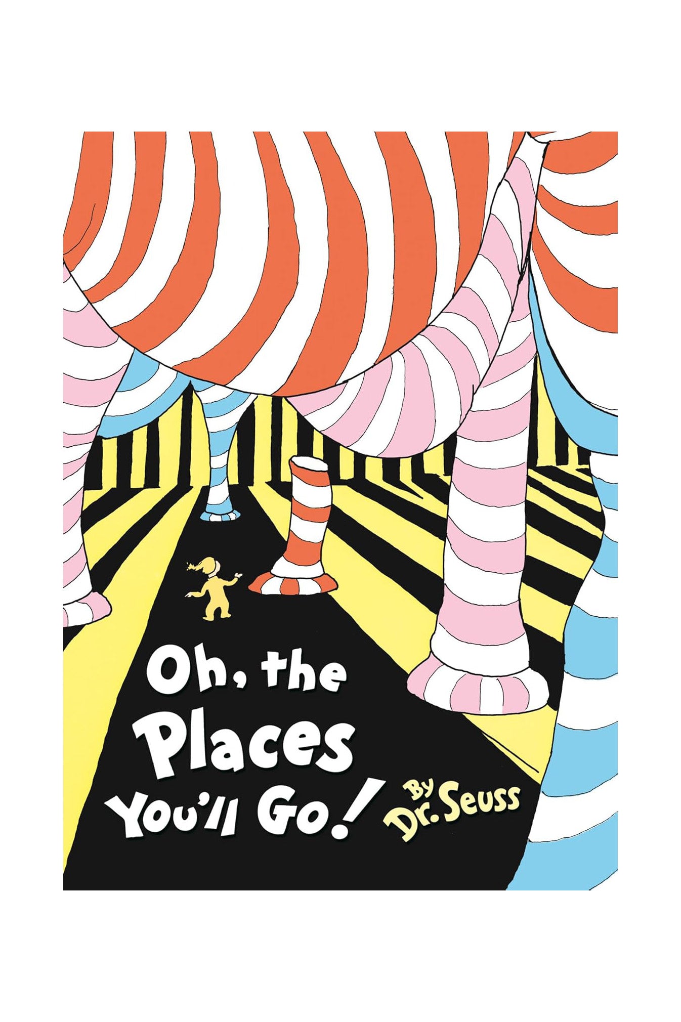 Cover of BAY KIDS's rendition of the classic story "Oh, The Places You'll Go!" The illustration showcases a character walking along a striped path lined with vibrant, twisting tree trunks in an imaginative and dreamlike style. Playful font at the bottom encapsulates the spirit of life's ongoing adventures.