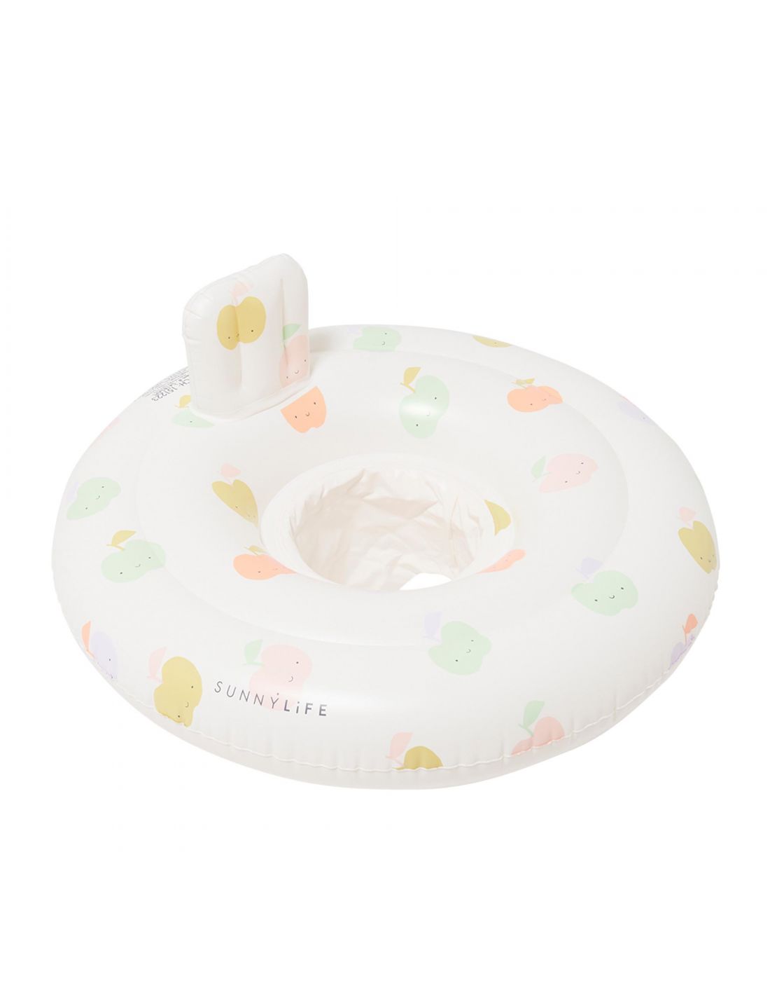 The SUNNYLIFE "Baby Seat Float Apple Sorbet Multi" is a white inflatable pool ring with a backrest, inflatable headrest, and pastel fruit illustrations of apples and peaches, featuring the brand name elegantly printed on the front.