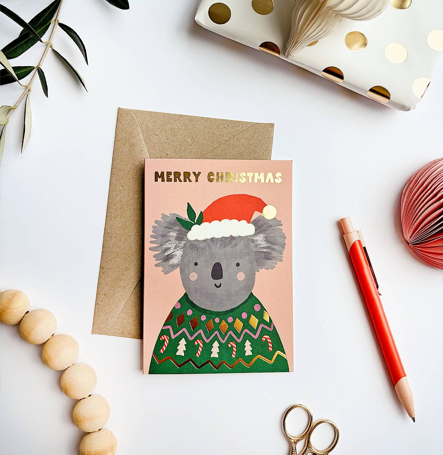 Lauren Sissons Studio - Merry Christmas Koala Gold Foil Card