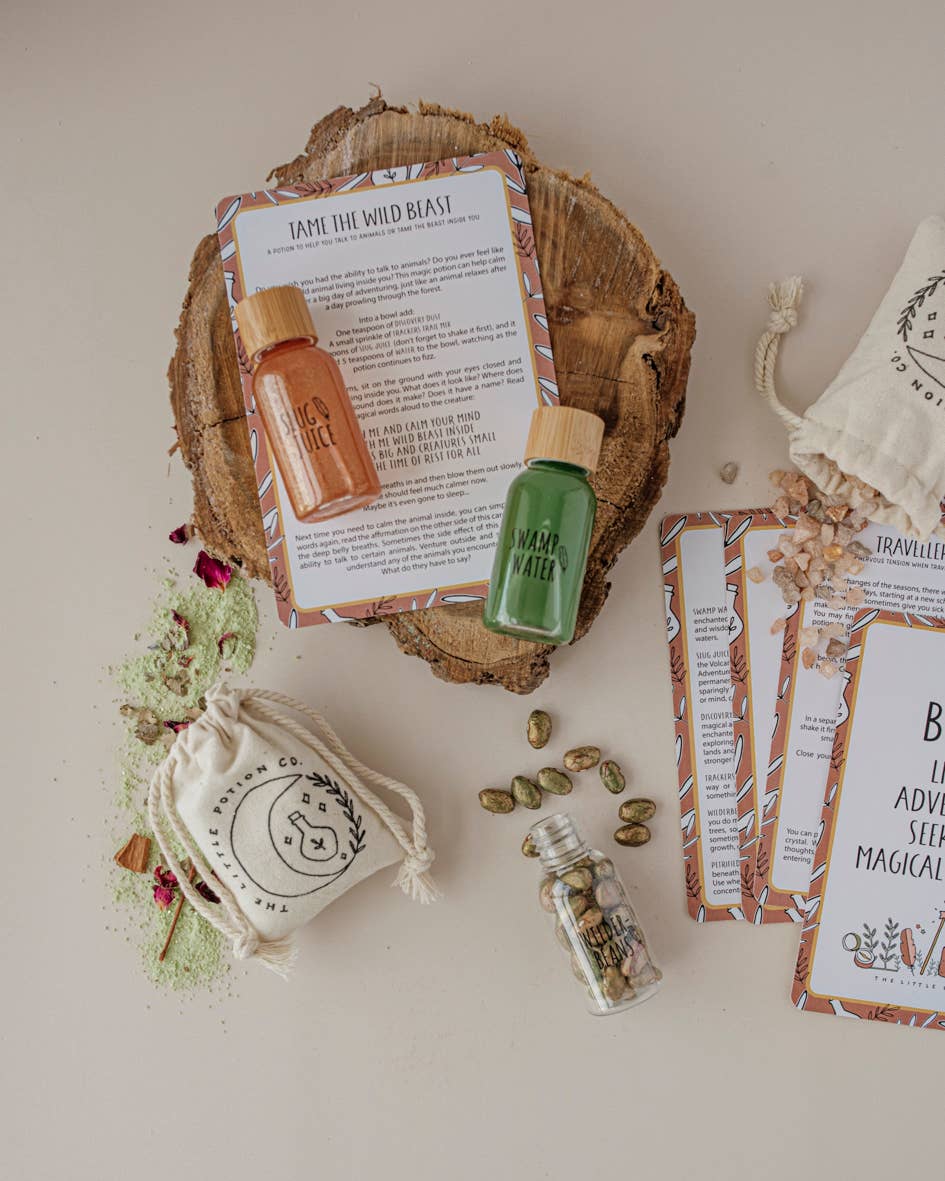 A flat lay image showcasing the Wild Adventure MINDFUL Potion Kit by THE LITTLE POTION CO. The meticulously arranged items feature two small bottles labeled "Big Juice" and "Swamp Water," an instruction card, a small glass vial filled with seeds, a pouch containing green powder, and two small cloth bags, all neatly displayed on a wooden surface.