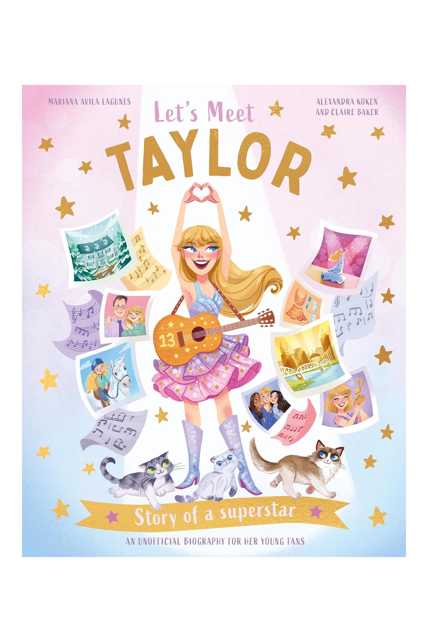 Illustrated book cover titled "Let's Meet Taylor: Story of a Superstar" from BAY KIDS, featuring a girl in a tutu holding a guitar. The background is adorned with musical notes, photos, and stars. Cats sit at the bottom, evoking an Eras Tour poster for an emerging singer-songwriter.