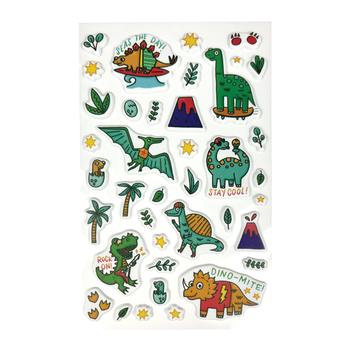 A full length shot of the OOLY stickiville dino mite puffy stickers.