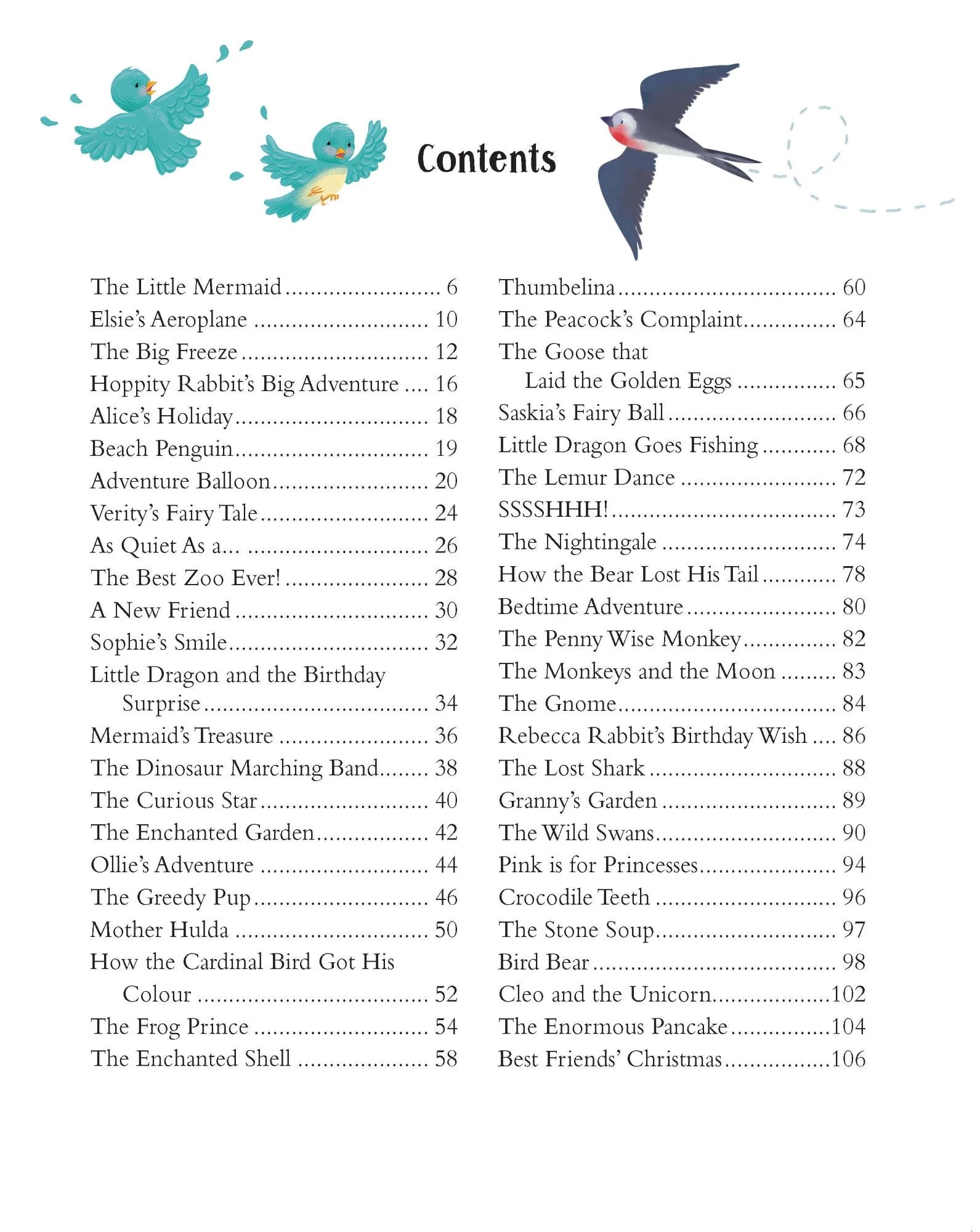 Illustrated table of contents from "A Treasury of Magical Stories" by BAY KIDS, showcasing two vibrant birds—a green one holding a letter and a red-winged bird soaring. The list includes enchanting fairy tales such as "The Little Mermaid" and "The Frog Prince," complete with page numbers.