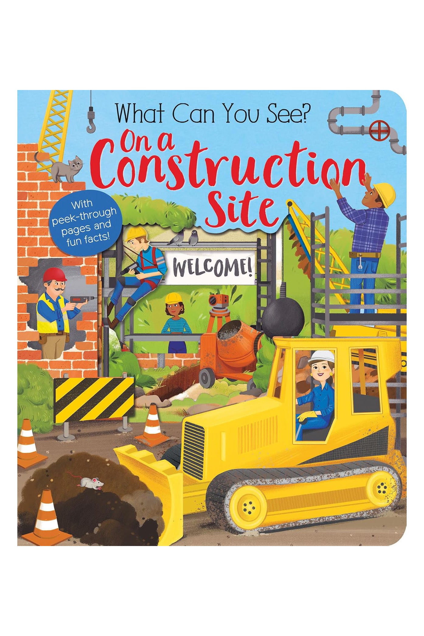 The BAY KIDS illustrated board book titled "What Can You See? On a Construction Site" is designed for young readers. It showcases people operating tools, a bulldozer, scaffolding, and various construction materials. The cover features bright colors and a playful design, along with a welcoming "Welcome!" sign to engage curious minds.