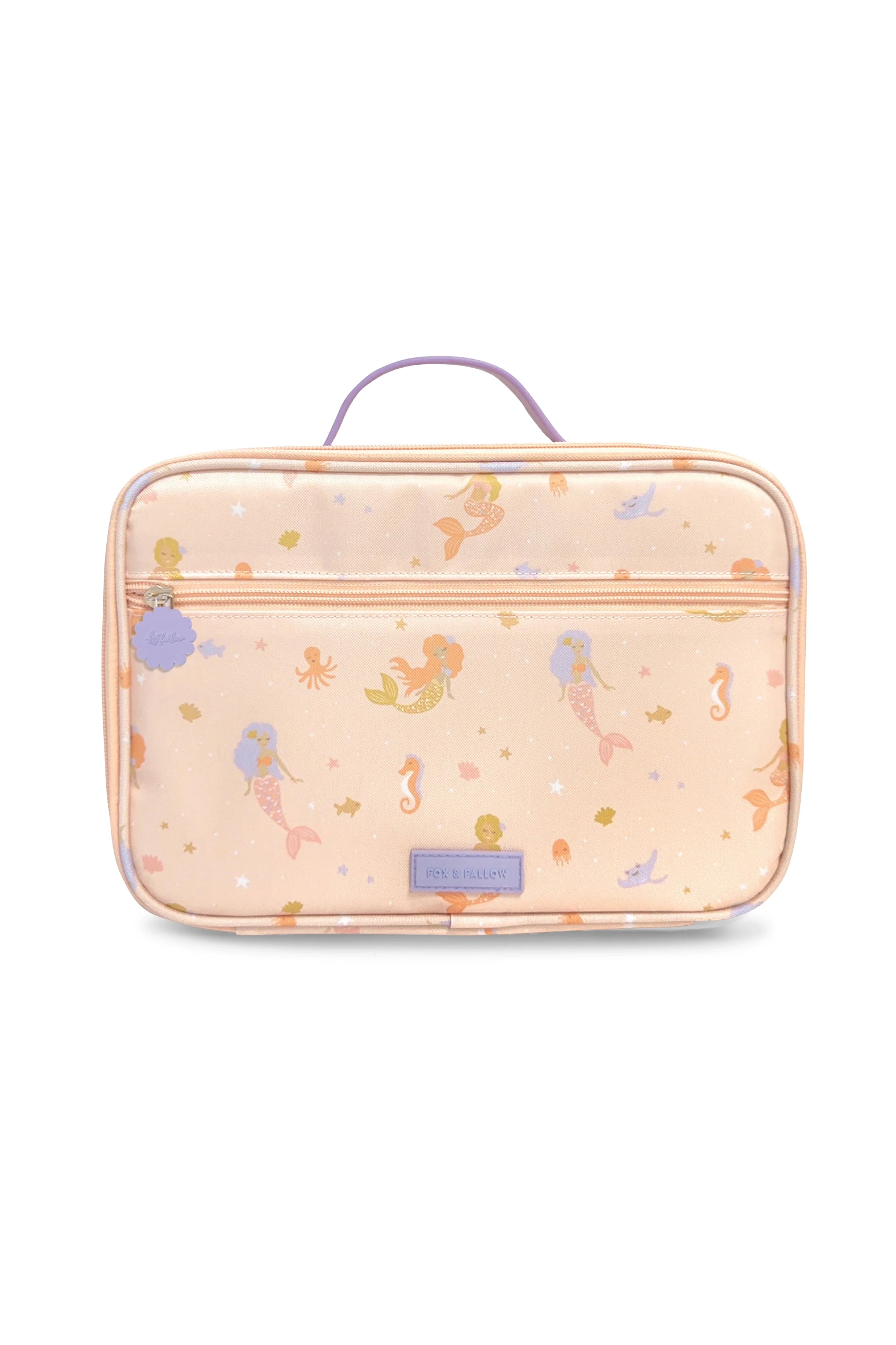 Introducing the Mermaids Lunch Bag by FOX & FALLOW—a beige bag crafted from waterproof fabric, adorned with a whimsical design of colorful mermaids, seahorses, and stars. It features a convenient handle on top and a zippered front pocket for easy access.