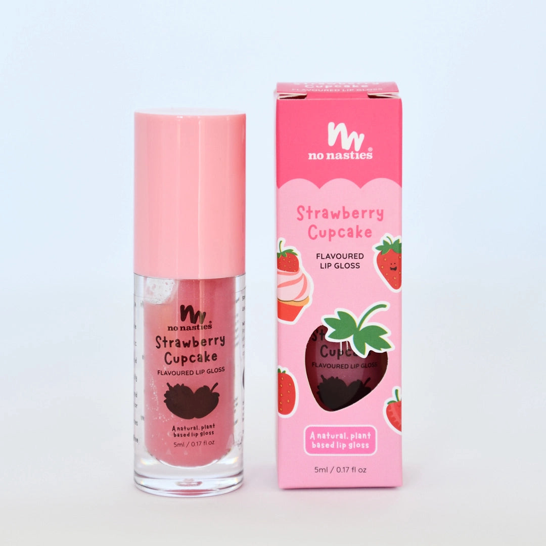 A clear No Nasties - Natural Kids Lip Gloss Wand Strawberry Cupcake/Pink by NO NASTIES, with a pink cap, sits next to its box—both featuring cute strawberry and cupcake designs. This vegan lip gloss is natural and plant-based.