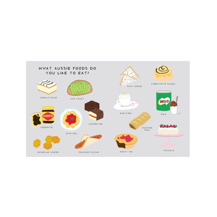 A chart titled "What Aussie Foods Do You Like to Eat?" showcases illustrations of iconic Australian foods, capturing the essence of Australia with mentions such as vanilla slice, avo toast, fairy bread, cheesemite scroll, vegemite, spag bol, lamington, beetroot, Milo, barbecue shapes, sausage sizzle, frothy me and pavlova. This is part of "This is My Australia" (Hardcover Edition) by BAY KIDS.