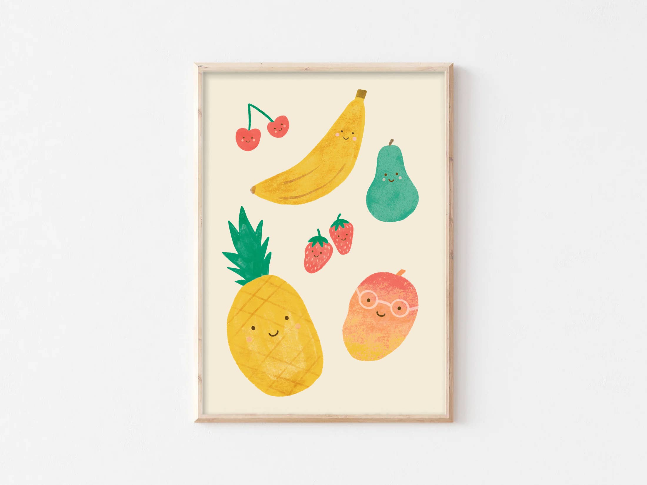 The Cute Fruit Wall Art Print by LAUREN SISSONS STUDIO features a framed illustration of smiley-faced fruits on a light background, including playful characters such as a pair of cherries, a banana, a pear, a pineapple, two strawberries, and even a mango wearing glasses. This delightful piece is the perfect addition to any kid's room decor.