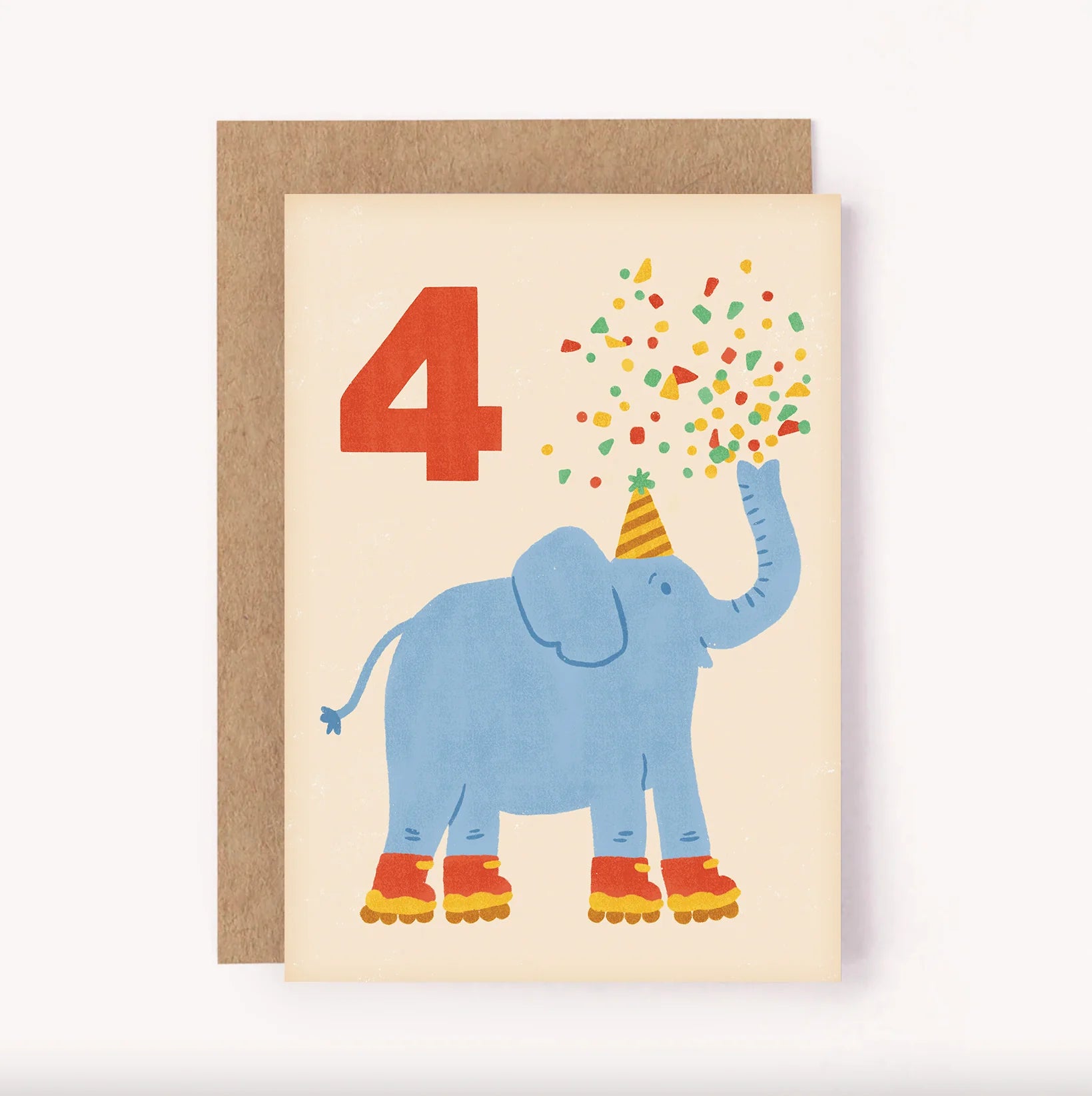 A 4th birthday age milestone card by lauren sissons with an elephant wearing rollerskates on it.