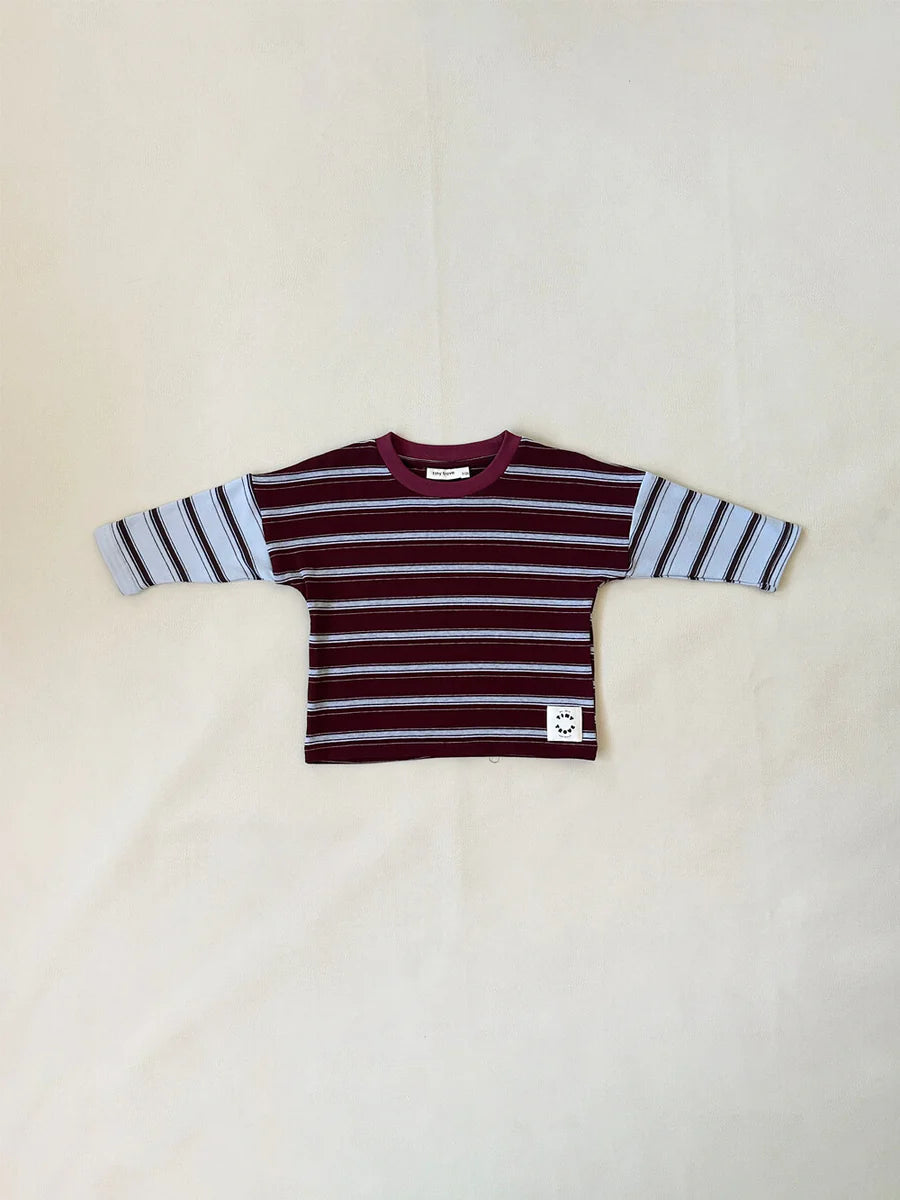 Tiny Trove - Rowan Stripe Cotton Long Sleeve Tee - Maroon/Blue Stripe