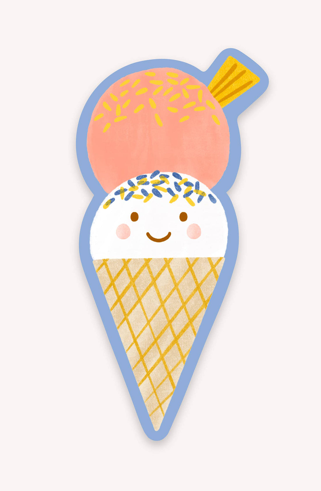 Illustration of an ice cream cone with two scoops, a cheerful white scoop at the bottom and a peach scoop with sprinkles at the top. This high-quality vinyl Ice Cream Sticker by LAUREN SISSONS STUDIO features a textured waffle cone and a background outlined in blue.