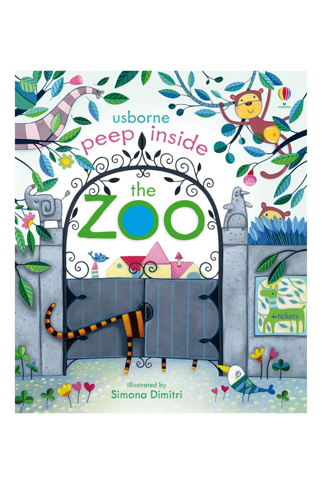 The BAY KIDS children's book, "Peep Inside: The Zoo," features a colorful cover illustrated by Simona Dimitri and written by Anna Milbourne. It showcases playful animals such as a tiger and a monkey amidst vibrant foliage and a gate.