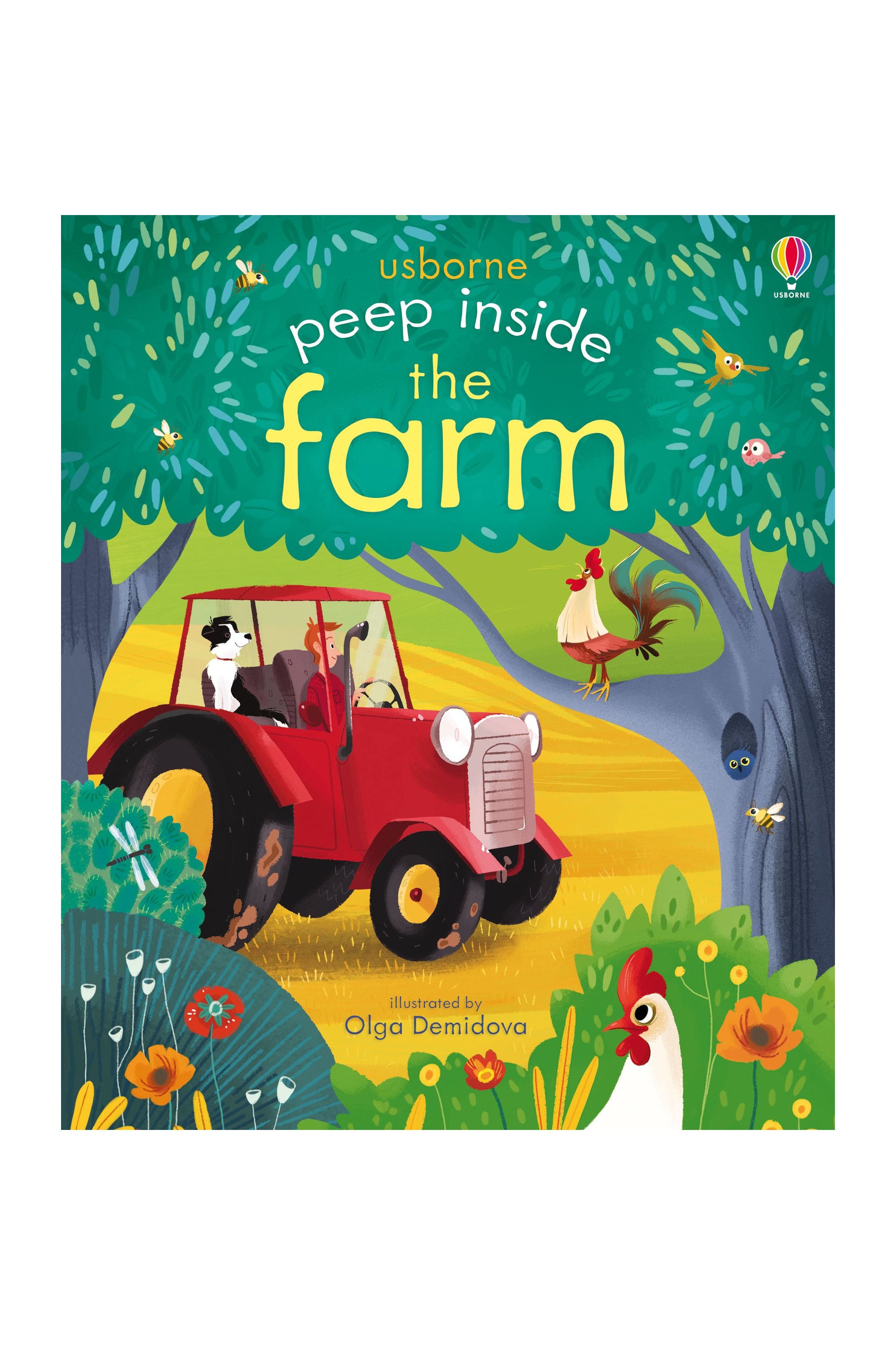 Children's book cover titled "Peep Inside: The Farm" by BAY KIDS. Illustrated by Olga Demidova, it showcases a red tractor, a farmer, and an array of farm animals such as a rooster and sheep in a lively setting. This interactive book encourages young readers to discover the marvels of farm life.