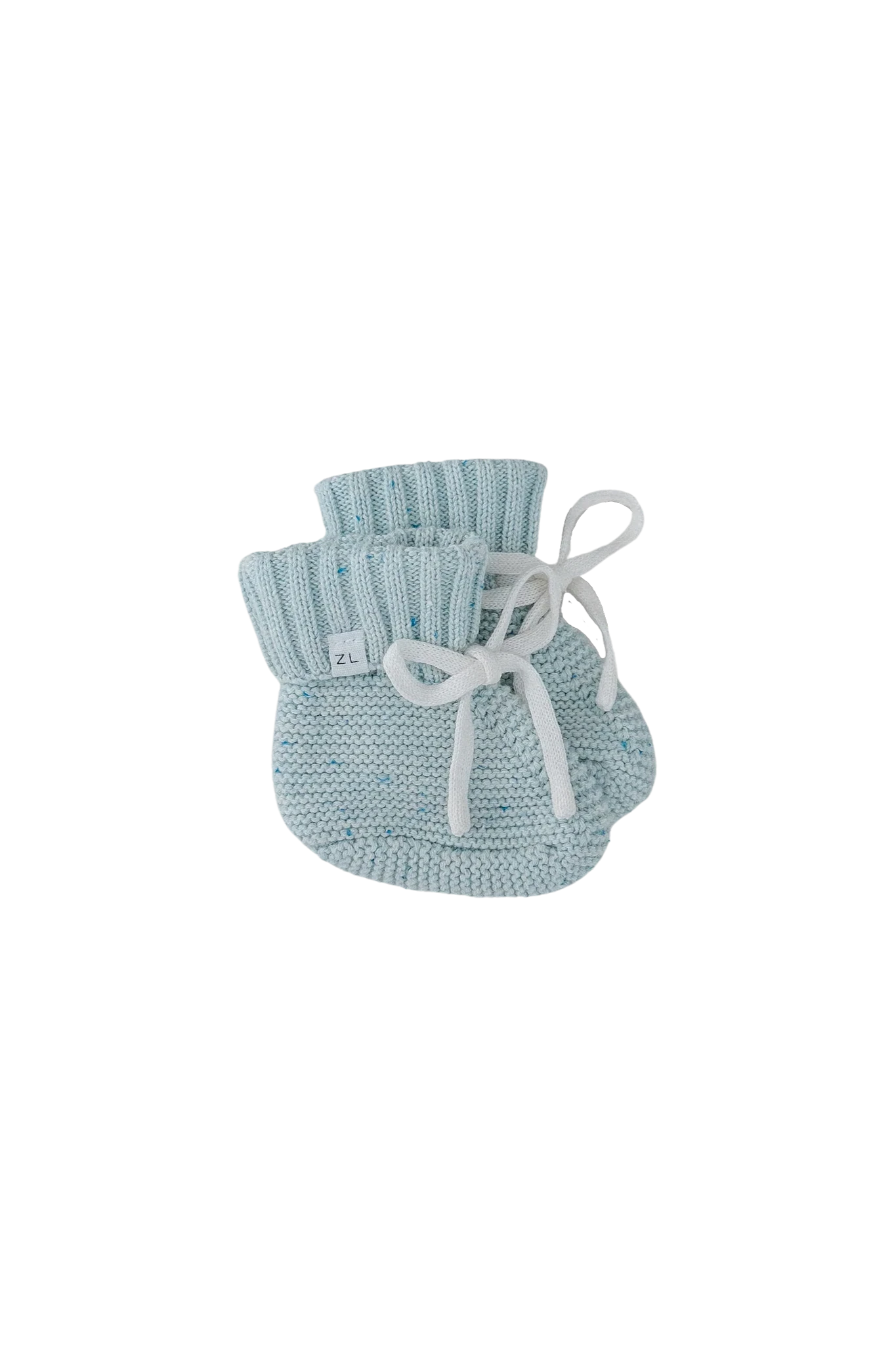 A pair of light blue ZIGGY LOU Booties Aero Fleck, adorned with white shoelaces and designed in the charming Aero Fleck pattern. These knitted baby booties feature a ribbed cuff at the top and a delightful textured knit design.