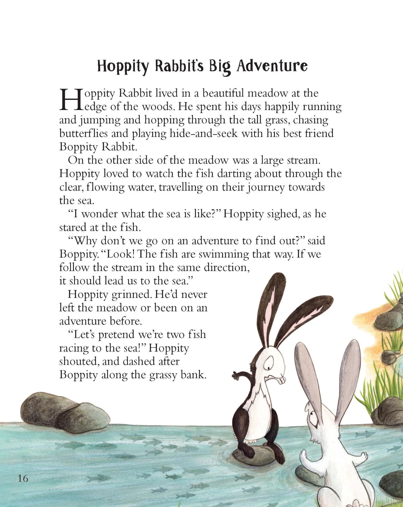 In "A Treasury of Magical Stories" by BAY KIDS, two rabbits stand at the meadow's edge by the sea, reminiscent of a fairy tale. One gestures toward the water, hinting at an adventure. The scene unfolds into an ocean view with tall grass and clear flowing water on page 16.