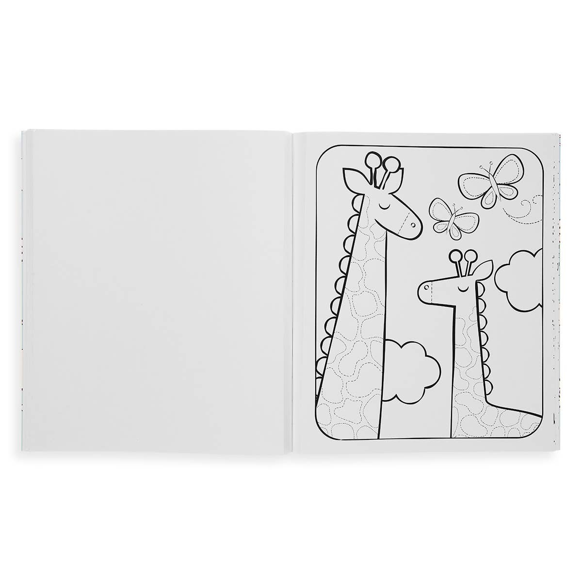 A page in a colour in book with two giraffes and two butterflies.