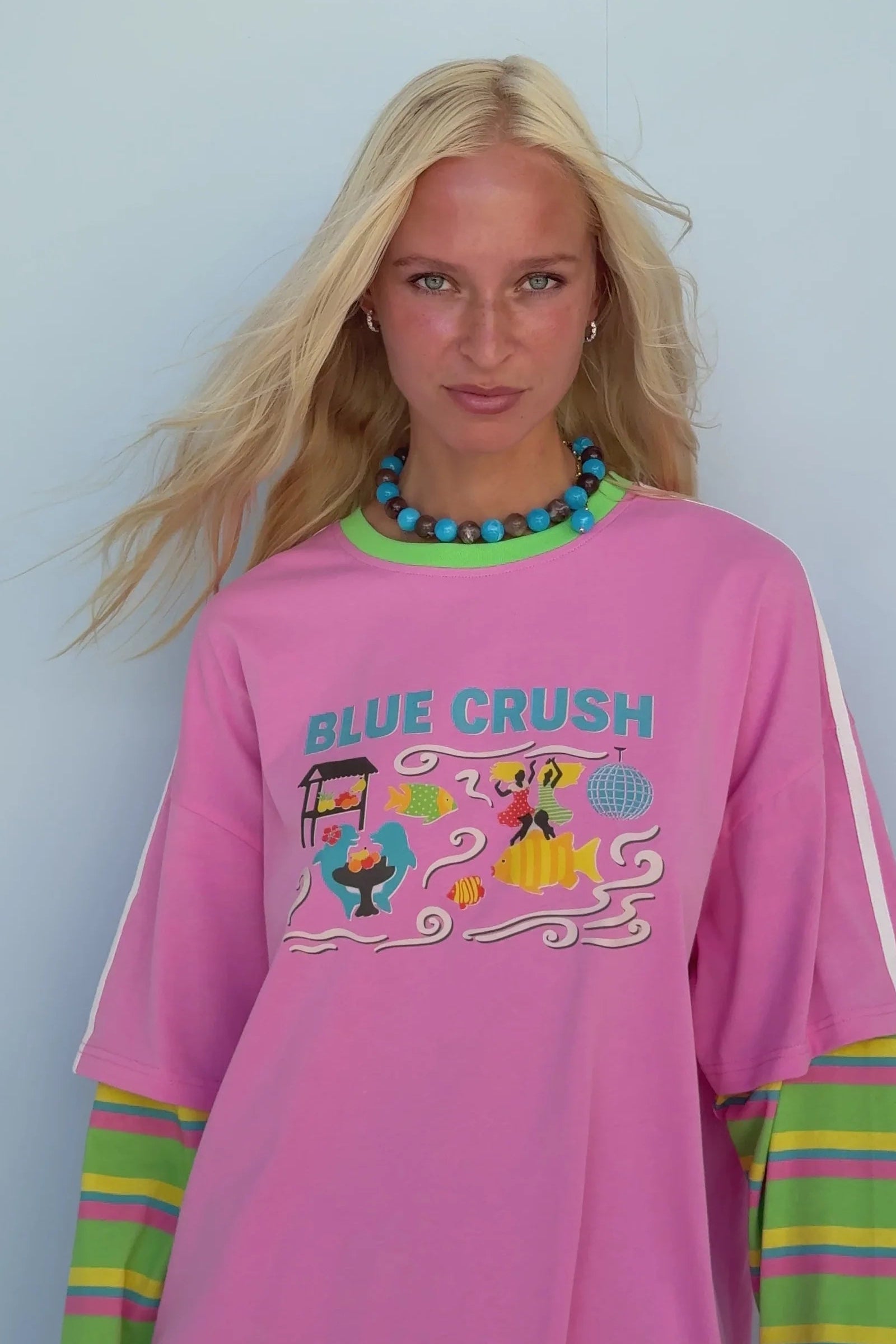 Spicy Dugong - Adults Blue Crush Layered Long Sleeve Pink/Green