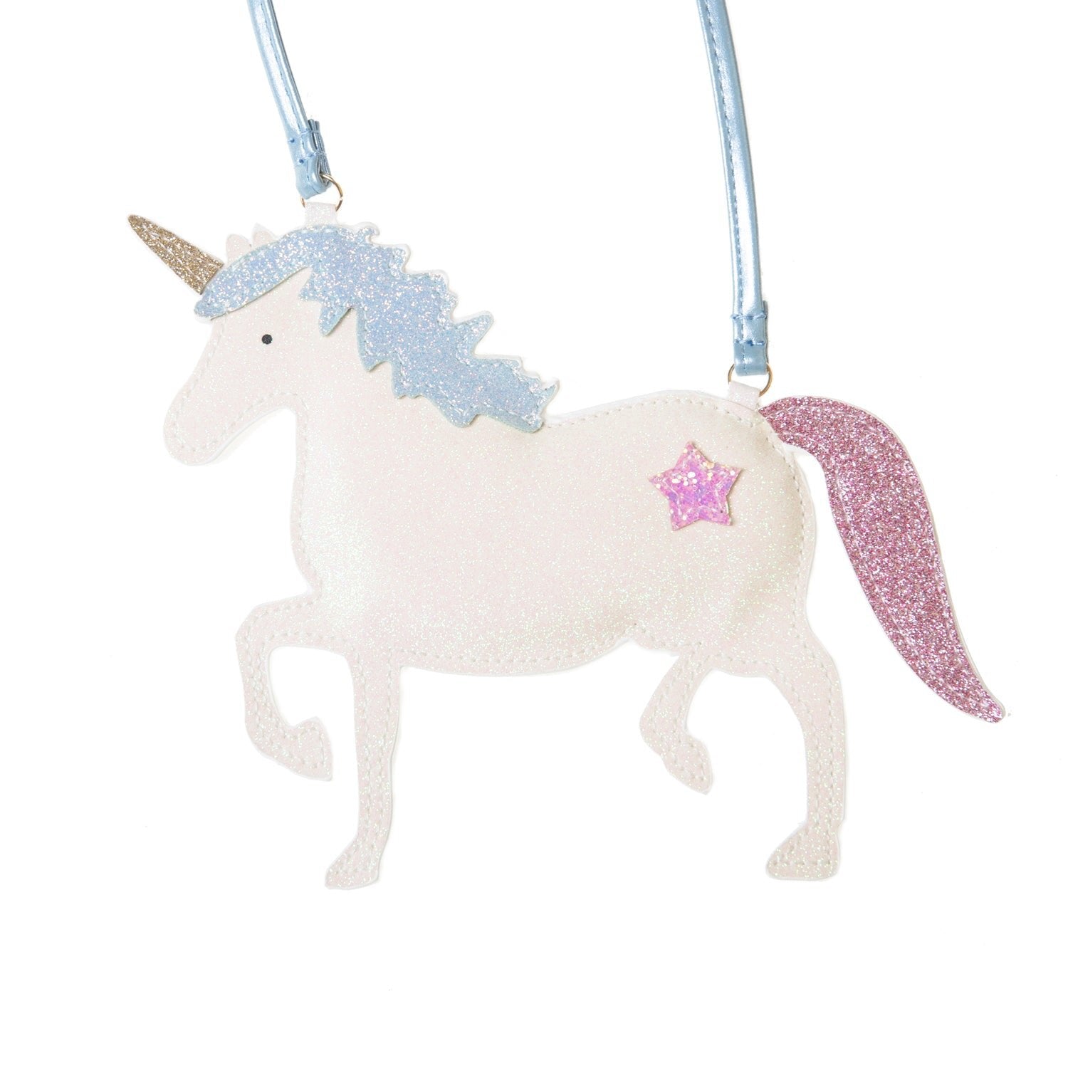 The Rockahula - Unicorn Glitter Bag by ROCKAHULA is a glittery unicorn-shaped coin pouch with a blue mane, gold horn, pink tail, pink star detail, and a metallic blue top strap.