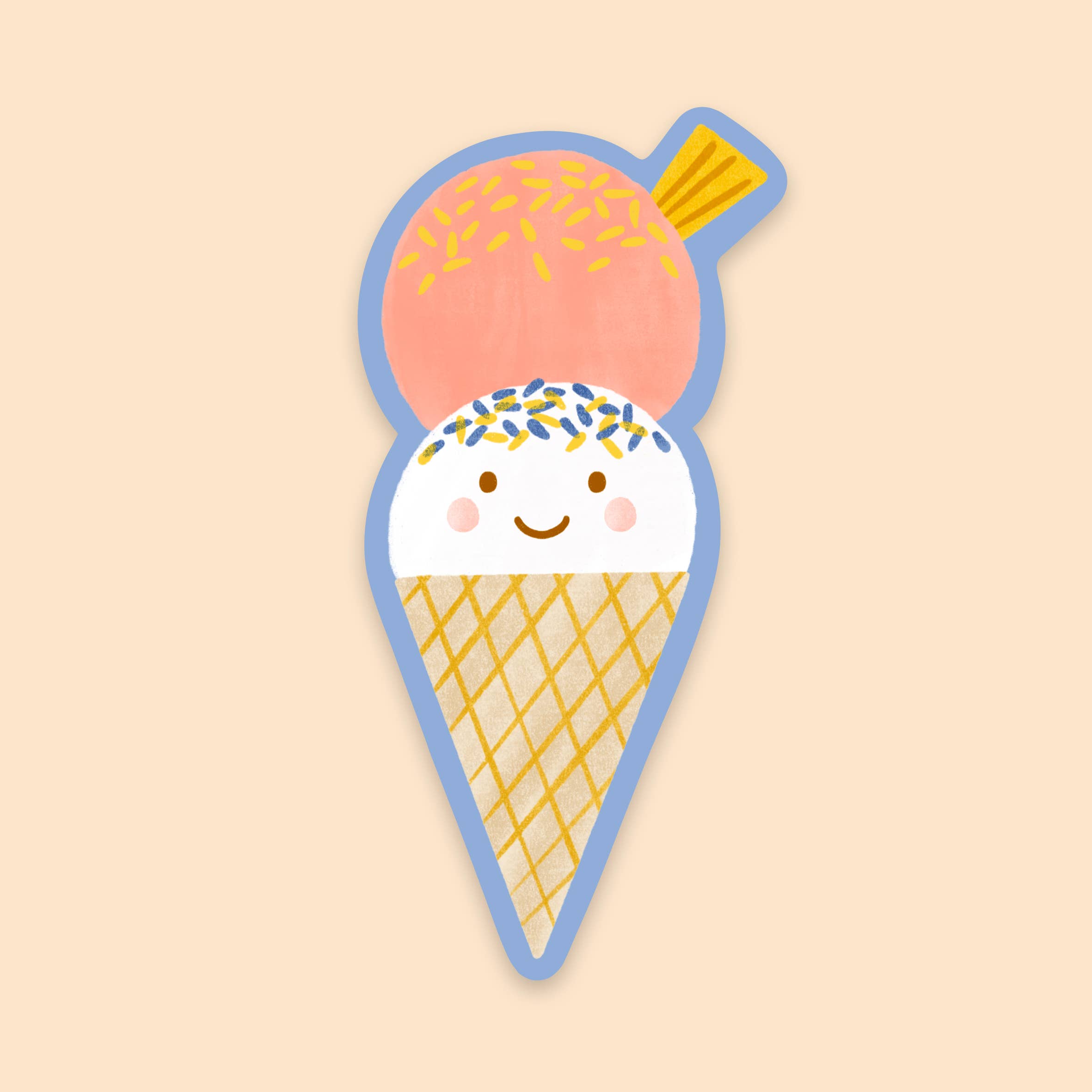 Introducing the Ice Cream Sticker from LAUREN SISSONS STUDIO: a delightful illustration of an ice cream cone with two scoops. The bottom scoop is white adorned with blue sprinkles and a smiling face, while the top scoop is pink with yellow sprinkles and a small yellow wafer sticking out. Printed on UV-coated matte vinyl for durability, it features a solid light beige background.