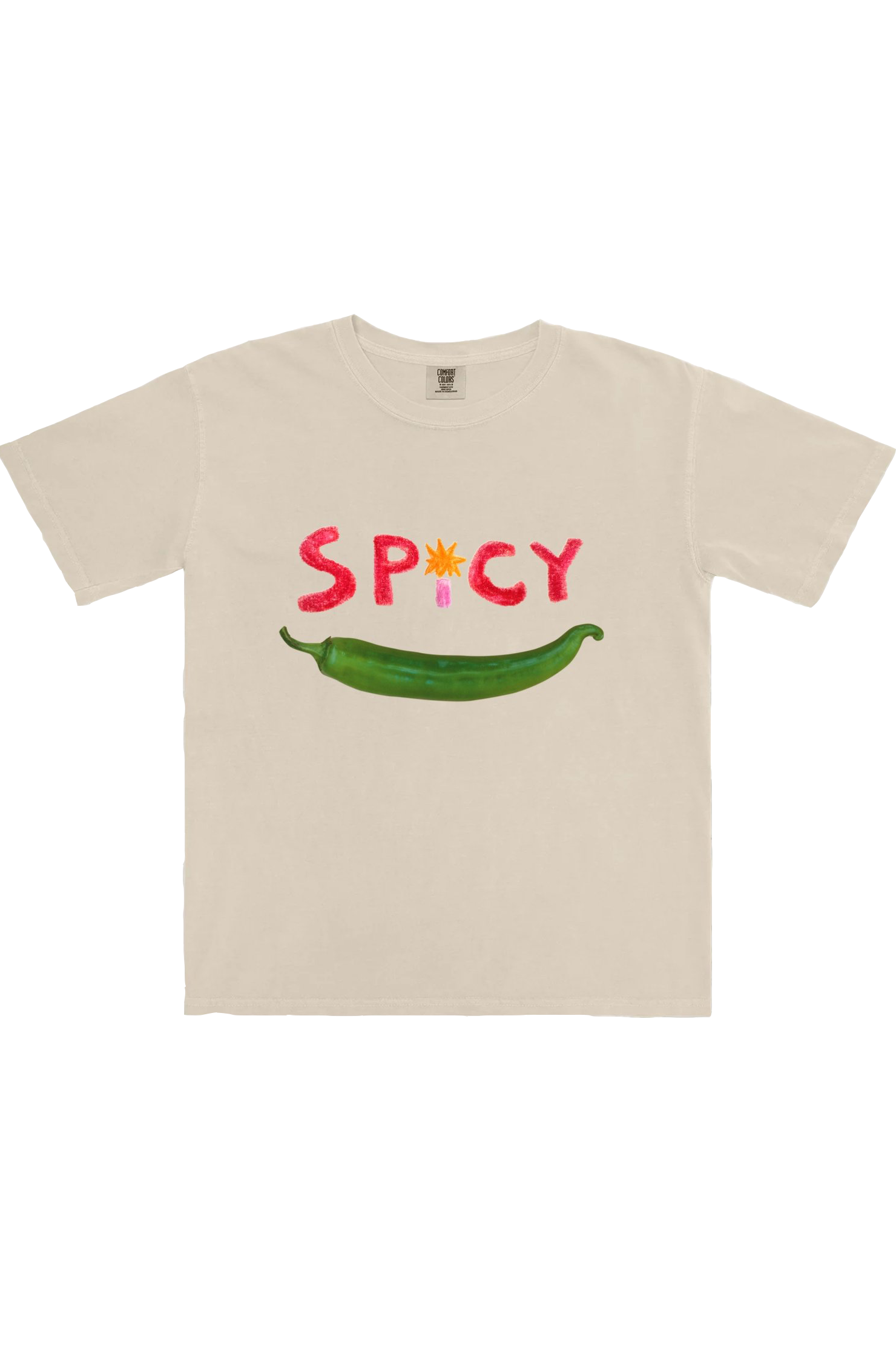 Introducing the "Spicy T-Shirt" from MAKU FENAROLI, a beige boxy crop tee made from 100% cotton. It features the word "SPICY" in bold red letters, with a small explosion graphic over a hand-painted illustration of a green chili pepper for added flair.