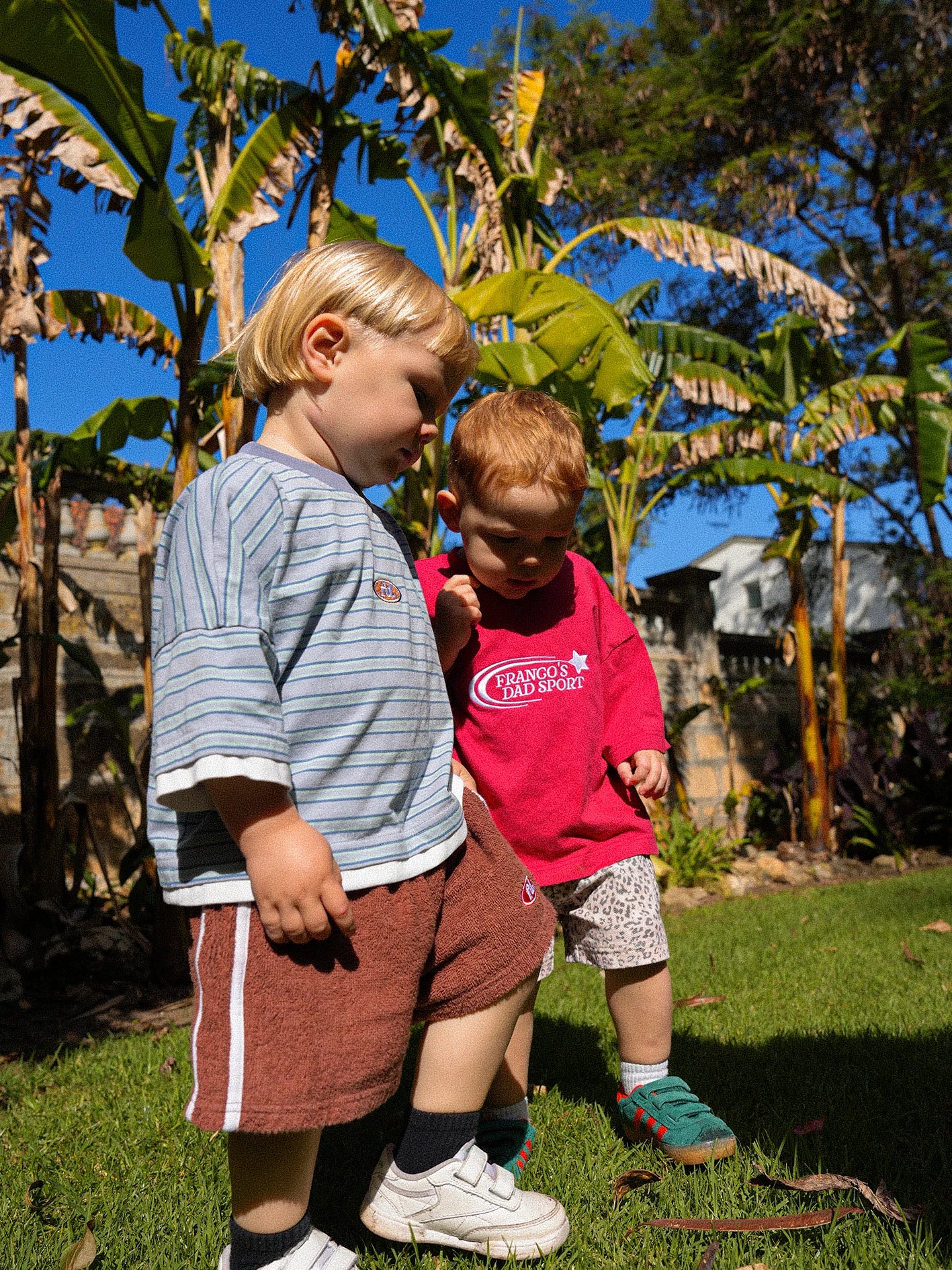 Two young children enjoy a sunny day outdoors, exploring a grassy area surrounded by banana trees and plants. The child on the left wears a striped shirt with brown shorts, while the one on the right is dressed in a red shirt paired with FRANCO'S DAD's PRE-ORDER Towel Shorts, both embracing summer staples with their cheerful, baggy fit attire.