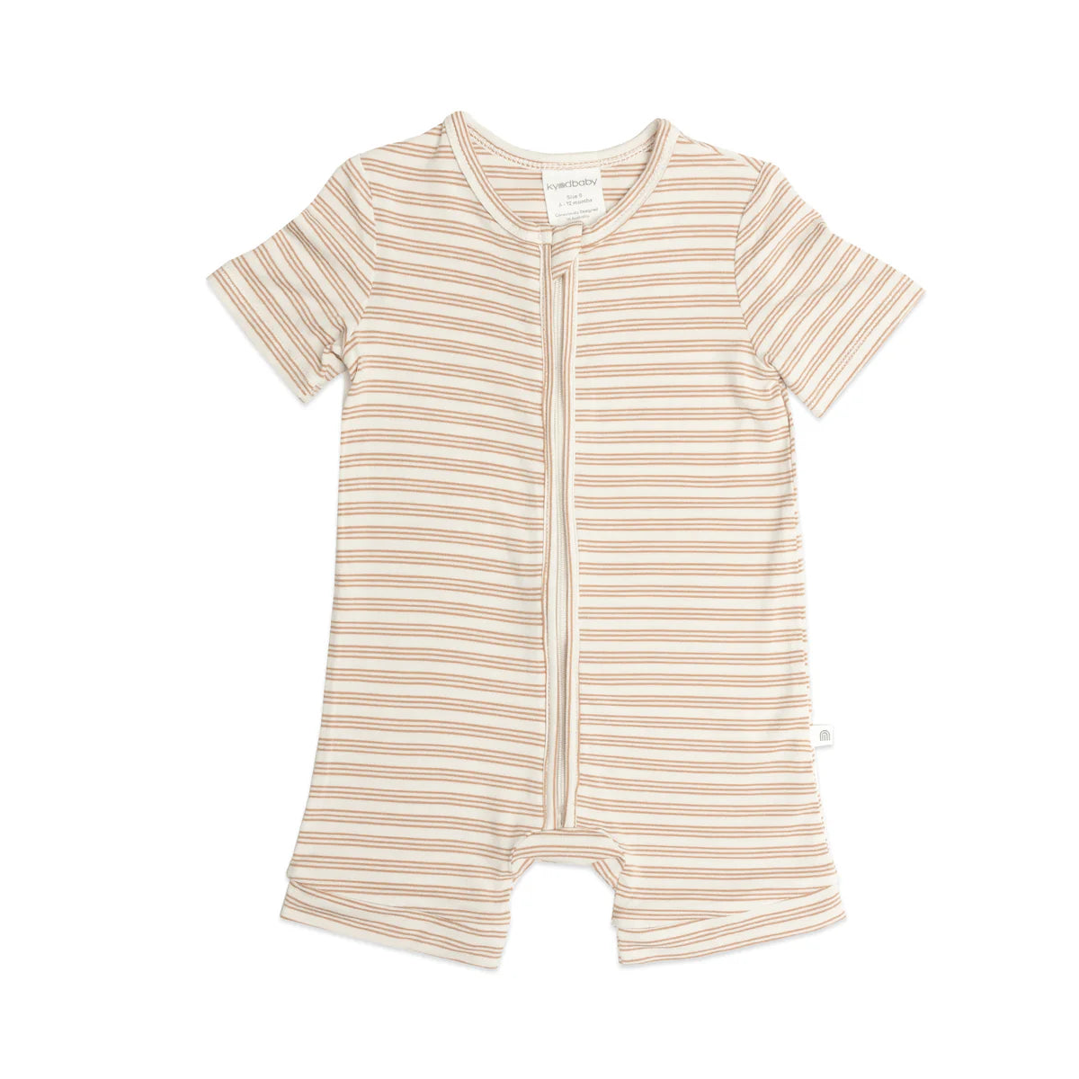 The Day or Night Short Sleeve Onesie Neutral by KYND BABY is a sustainable viscose fabric baby romper with beige and white horizontal stripes, featuring a convenient front zipper closure for summer practicality.