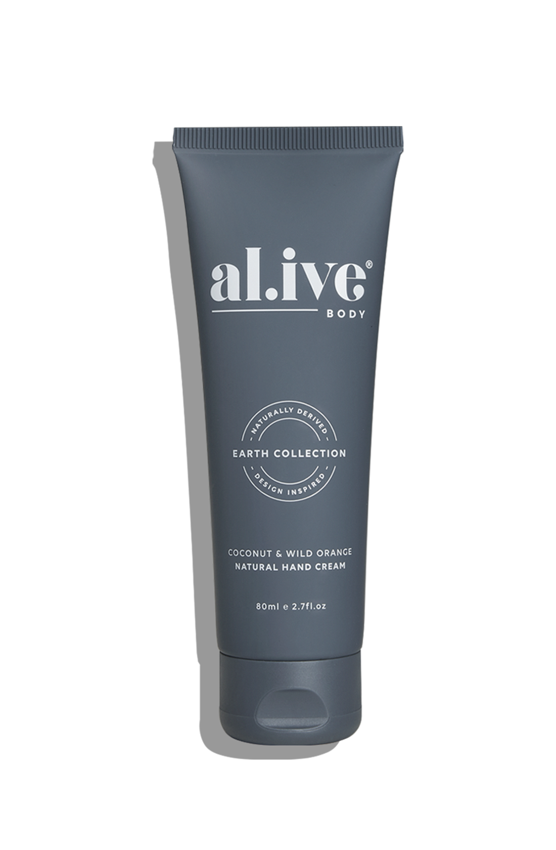 A dark blue tube of the al.ive body coconut and wild orange natural hand cream.