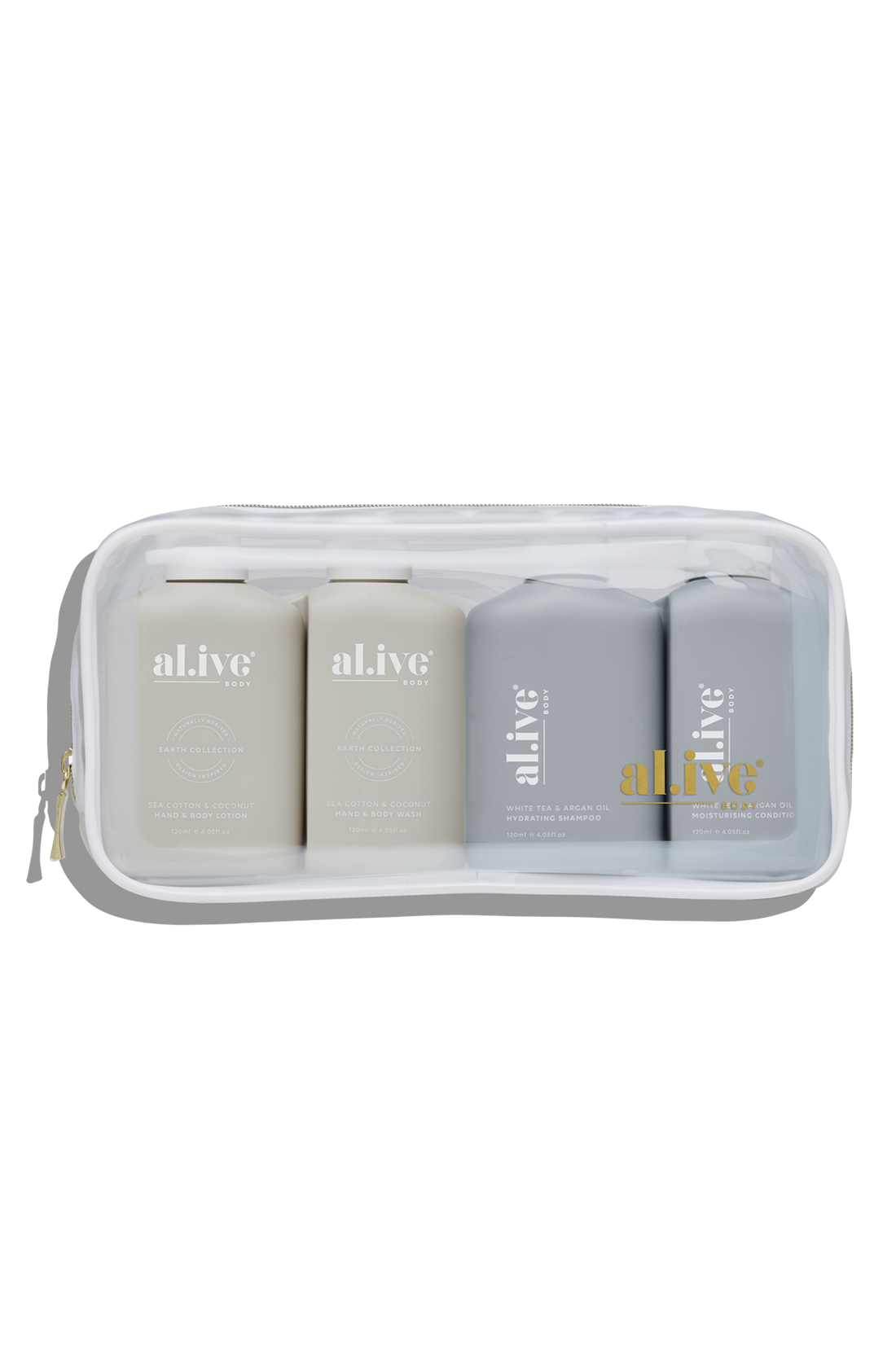 The al.ive hair and body travel pack containing shampoo, conditioner, body lotion and body moisturiser.