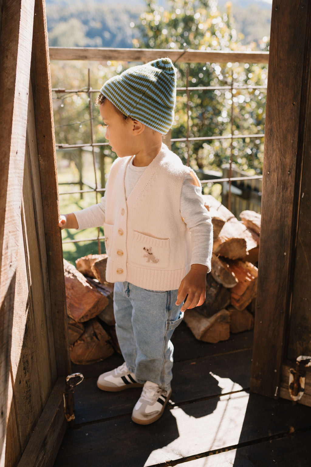 Acorn Kids - Berlin Merino Beanie Green and Blue Stripe