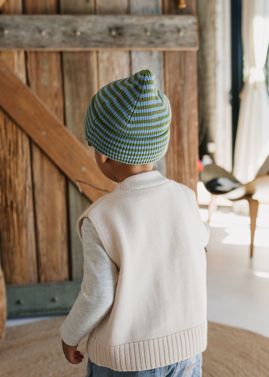 Acorn Kids - Berlin Merino Beanie Green and Blue Stripe