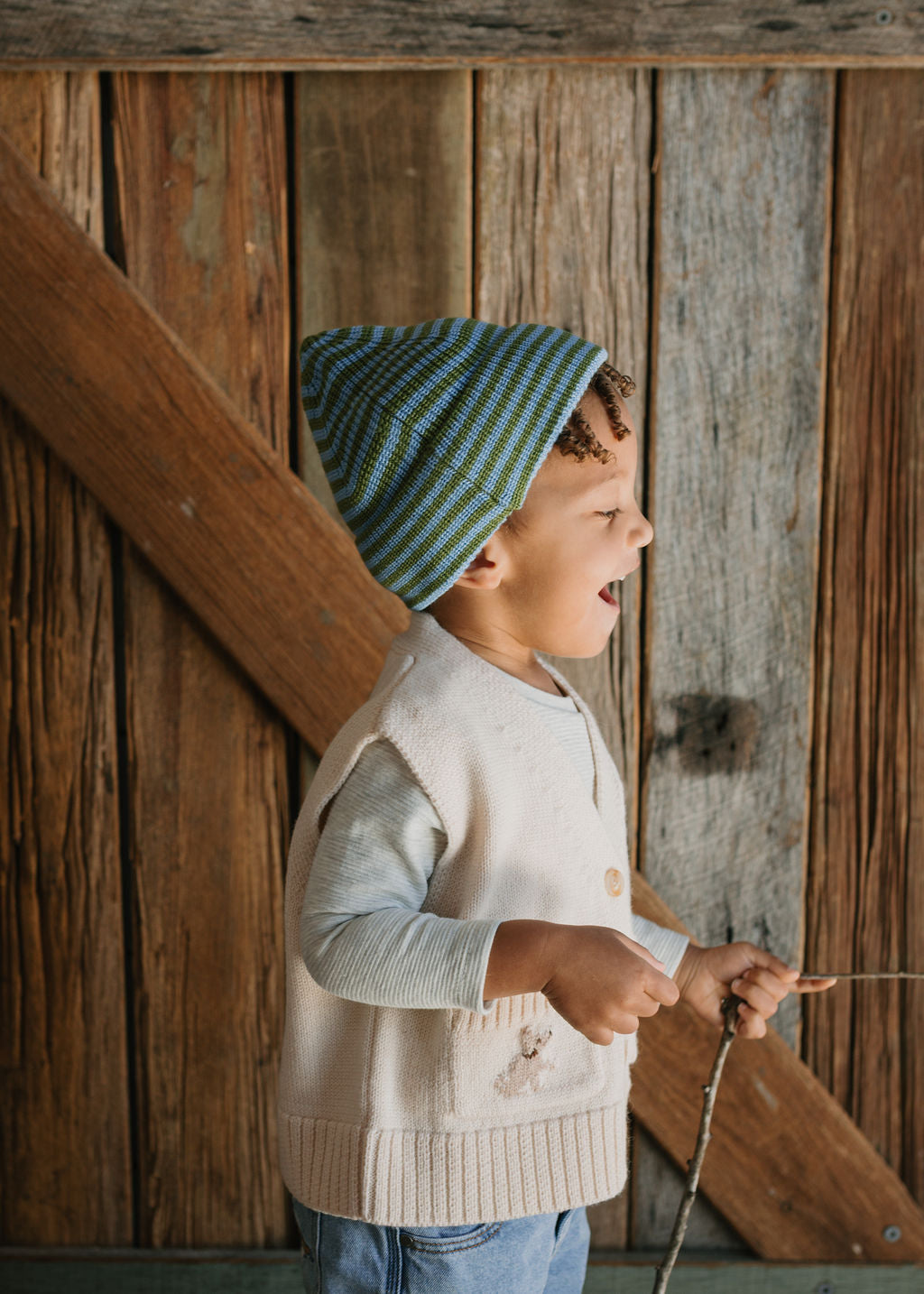 Acorn Kids - Berlin Merino Beanie Green and Blue Stripe