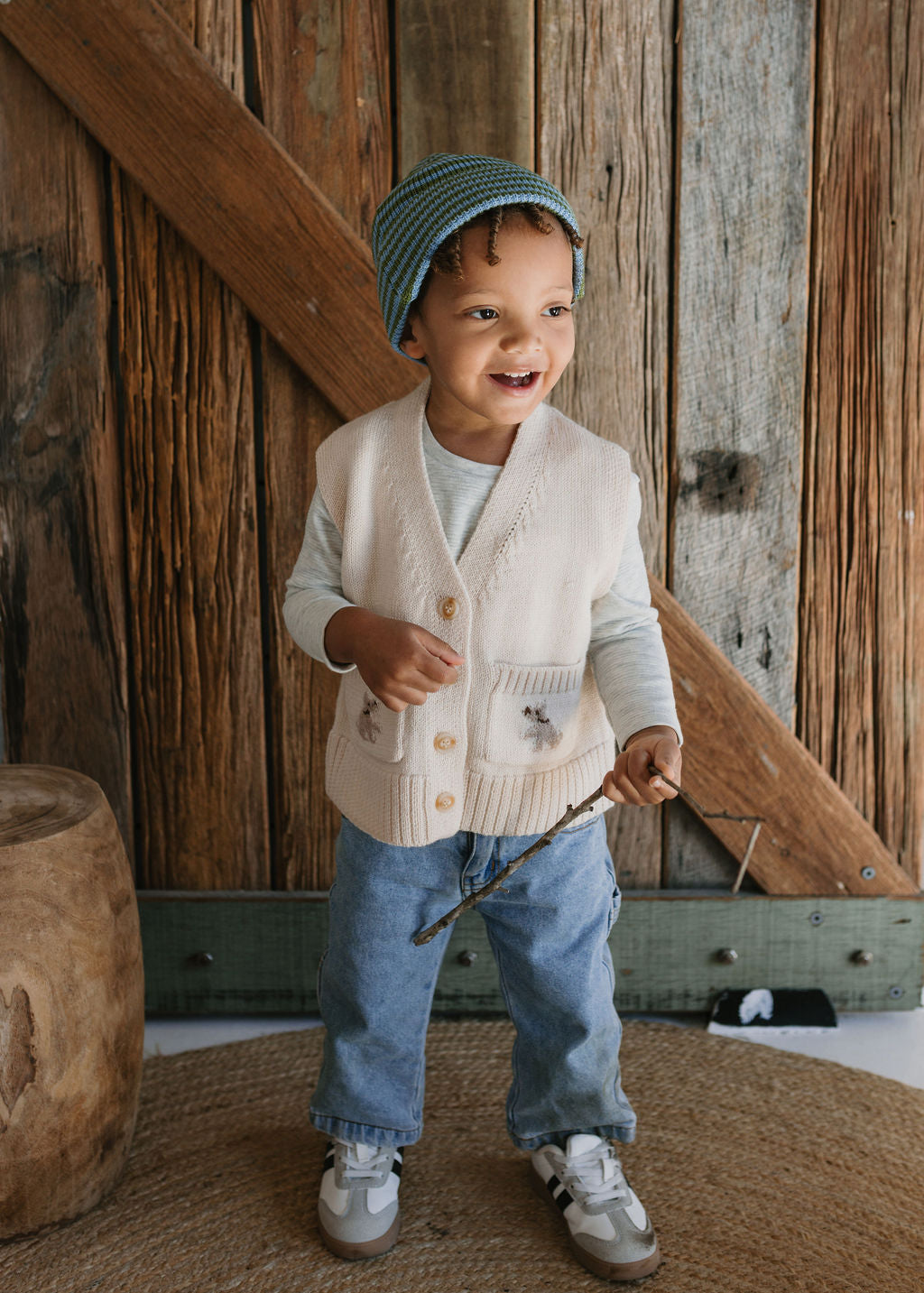 Acorn Kids - Berlin Merino Beanie Green and Blue Stripe