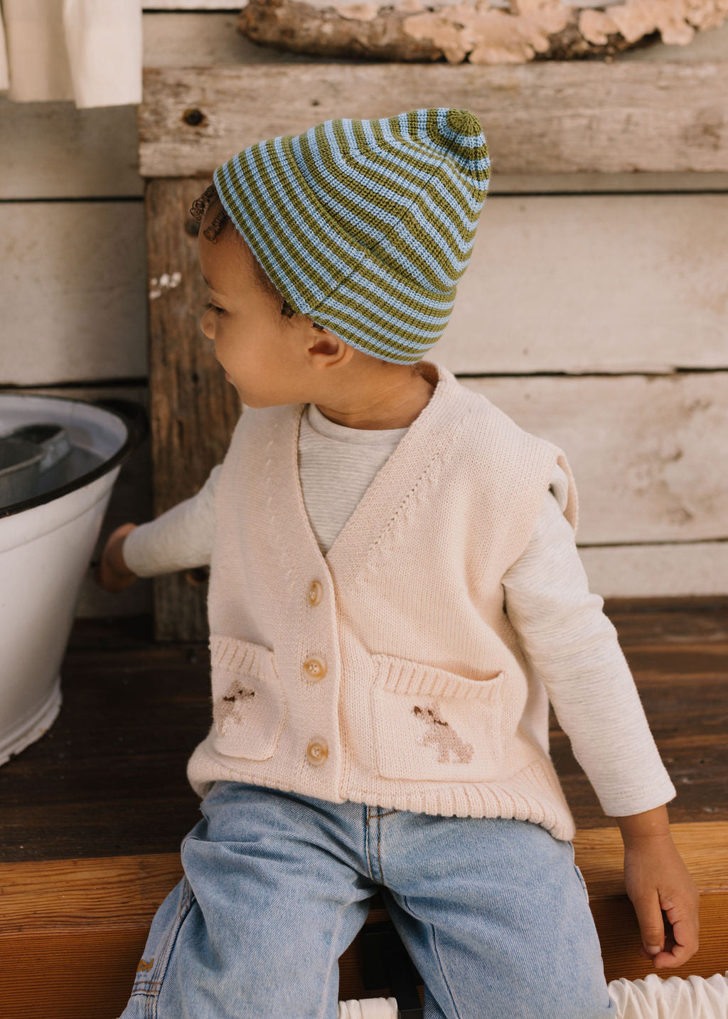 Acorn Kids - Berlin Merino Beanie Green and Blue Stripe