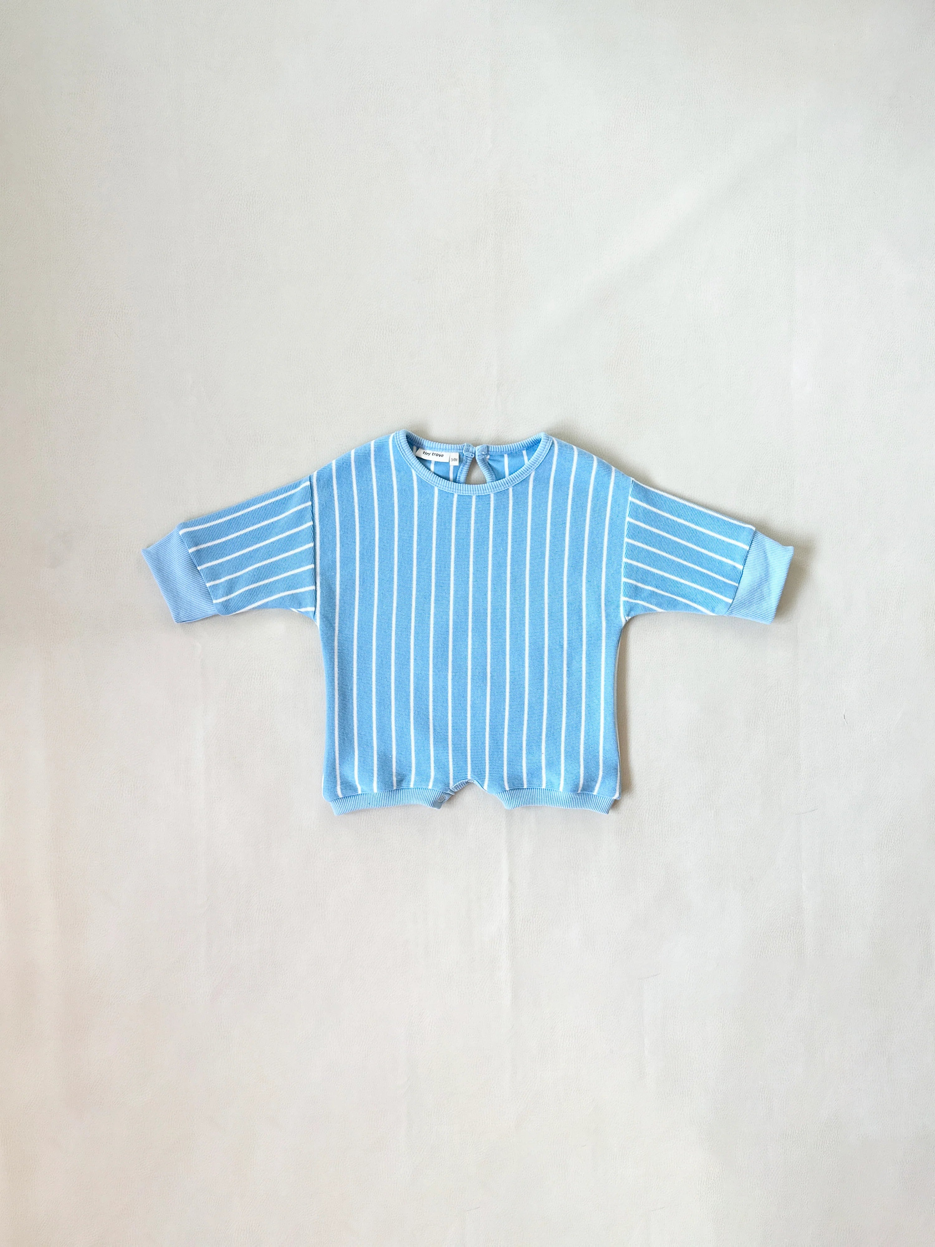 The TINY TROVE Tiny Trove - Addie Cotton Stripe Romper in blue and white stripes, made from 100% cotton with long sleeves, is displayed flat on a plain off-white background.