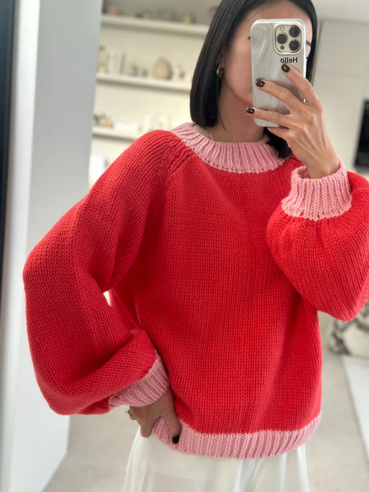 The adult mia contrast knit jumper in red/pink.