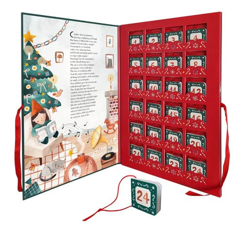 The SASSI Christmas Advent Calendar encapsulates the holiday spirit with a festive scene on the left, depicting a cozy living room with a Christmas tree and a girl engrossed in reading. On the right side, it showcases 24 beautifully illustrated compartments in red and green, complemented by a detachable "24" box to complete this delightful Christmas season experience.