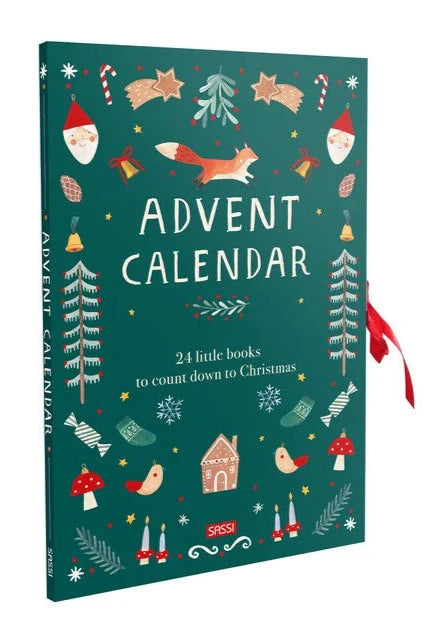 The Christmas Advent Calendar by SASSI is a festive collection filled with holiday cheer, showcasing delightful illustrations such as Santa, candles, and Christmas trees. The cover text reads: "Advent Calendar - 24 little illustrated books to count down to the Christmas season.