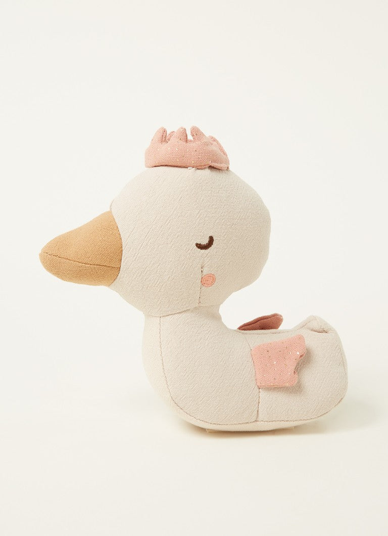 Introducing the Duck Davey 17cm plush toy from PICCA LOULOU. This soft, cuddly toy features a light beige body with a tan bill and pink accents, including a crown-like shape on its head, small wings, and a charming blush spot on its cheek. The duck's embroidered closed eyes give it a peaceful look, making it perfect for nursery decoration.