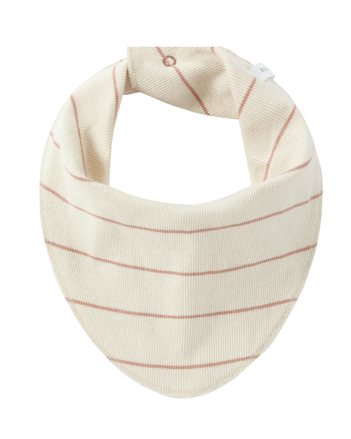 The Bandana Bib Coco Stripe by SUSUKOSHI is a beige baby bib adorned with thin, horizontal red stripes. Designed in a bandana style featuring a snap-fastener at the back, this ethically made accessory is crafted from soft, textured organic cotton, making it perfect for keeping infants clean and comfortable.