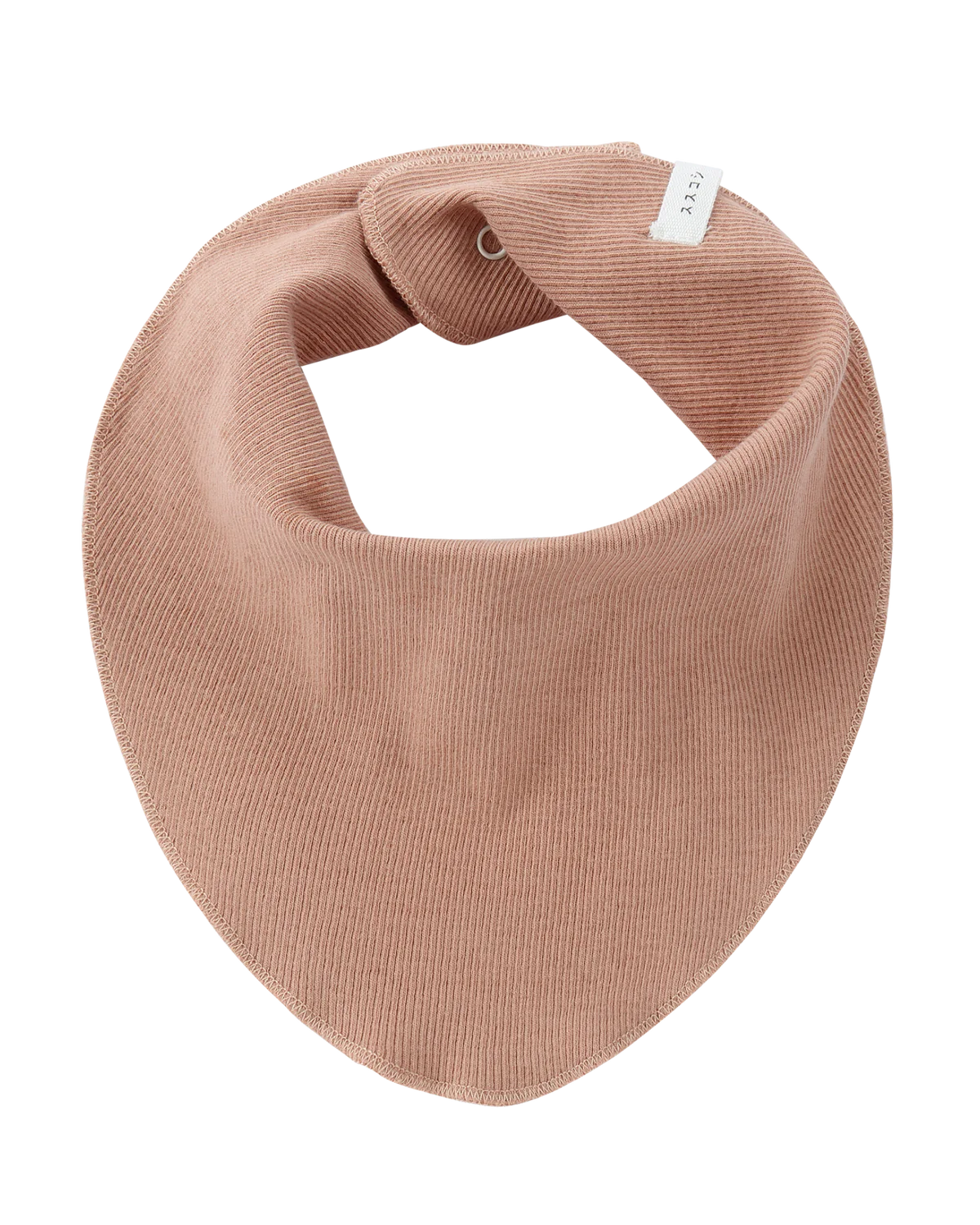 Introducing the Bandana Bib Terracotta by SUSUKOSHI: a soft, pink fabric baby bib with a textured surface and an adjustable snap closure. Ethically crafted from organic cotton, this triangular-shaped bib features a downward-facing point and includes a small white tag near the snap for added detail.