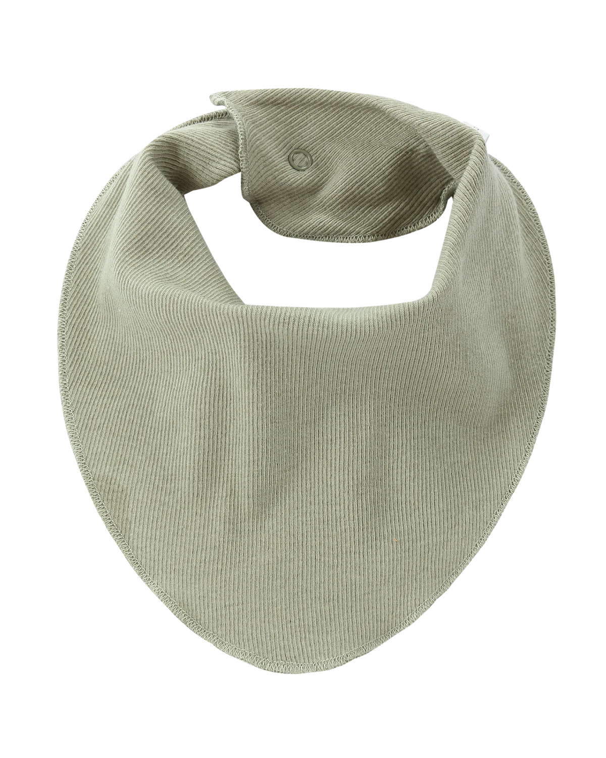 The Bandana Bib Sage by SUSUKOSHI is a light olive green, triangular baby bib with a ribbed texture, crafted from organic cotton. It features a snap button closure at the back for easy fastening around the neck. Ethically made for children, this bib offers protection from spills and drool.