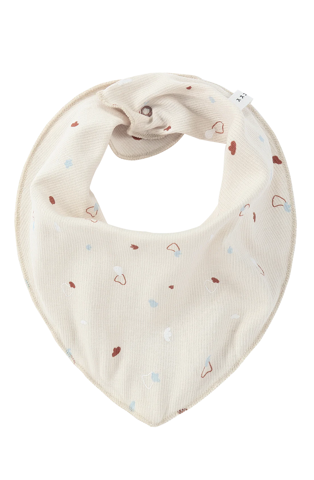 The Bandana Bib Sky by SUSUKOSHI is crafted from organic cotton with a soft texture and features a scattering of colorful, heart-shaped patterns in pastel shades of red, blue, and orange. Ethically made and triangular in shape, the beige bib includes a convenient snap button closure at the back.