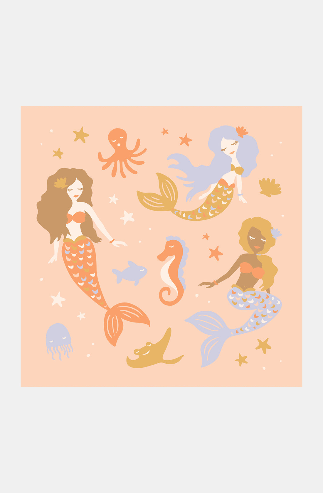 The Mermaids Blanket by FOX & FALLOW showcases a charming design of three mermaids, each with unique hair colors and tails, amidst oceanic elements such as a red octopus, blue jellyfish, orange seahorse, yellow fish, and an assortment of starfish and shells on a peach background—making it an ideal baby gift when presented on these luxurious knitted blankets.