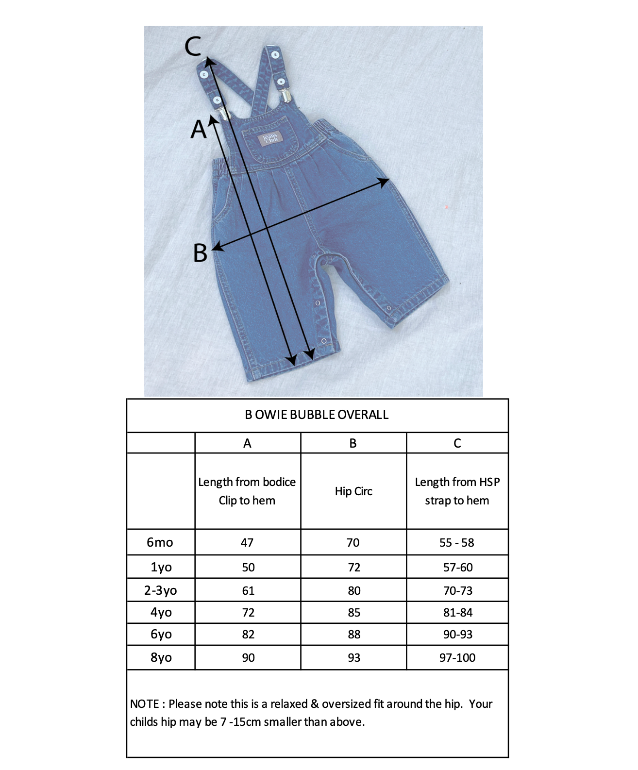 The Bowie Bubble Overall Colourblock by TWIN COLLECTIVE is displayed with measurements labeled A (length from bodice clip to hem), B (hip circumference), and C (length from HSP strap to hem). Made from sustainable cotton, these kids' denim overalls feature adjustable straps. Below is a size chart for ages 6 months to 8 years with corresponding measurements.