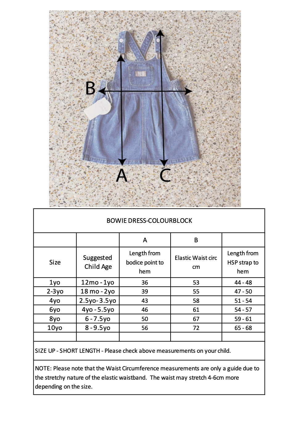 An image showcasing the Bowie Dress Colourblock by TWIN COLLECTIVE, featuring a vibrant blue bubble design with adjustable straps and crafted from sustainable 100% cotton. Measurement points are indicated as A (Length from bodice point to hem), B (Elastic waist circumference), and C (Length from High Shoulder Point to hem). A size chart below outlines measurements for ages 1yo to 10yo.