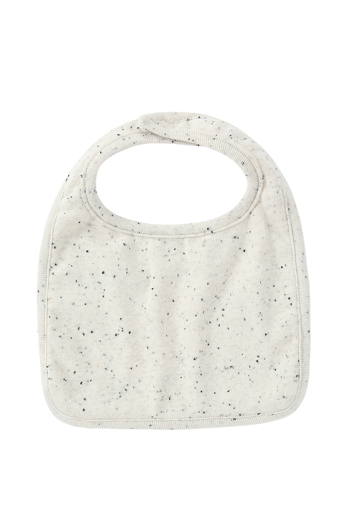 The Boxy Bib Quinoa Speckle from SUSUKOSHI is shown. Made from soft organic cotton, this white bib features a speckled pattern with a rounded neck opening and neatly stitched edges. The simple design and bamboo towelling lining offer both comfort and durability for your little one.