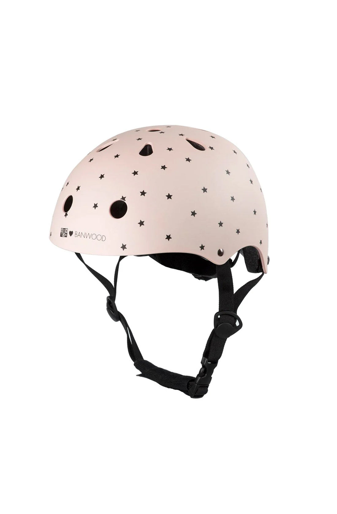 A bonton x banwood helmet in pink with black stars on a white background.